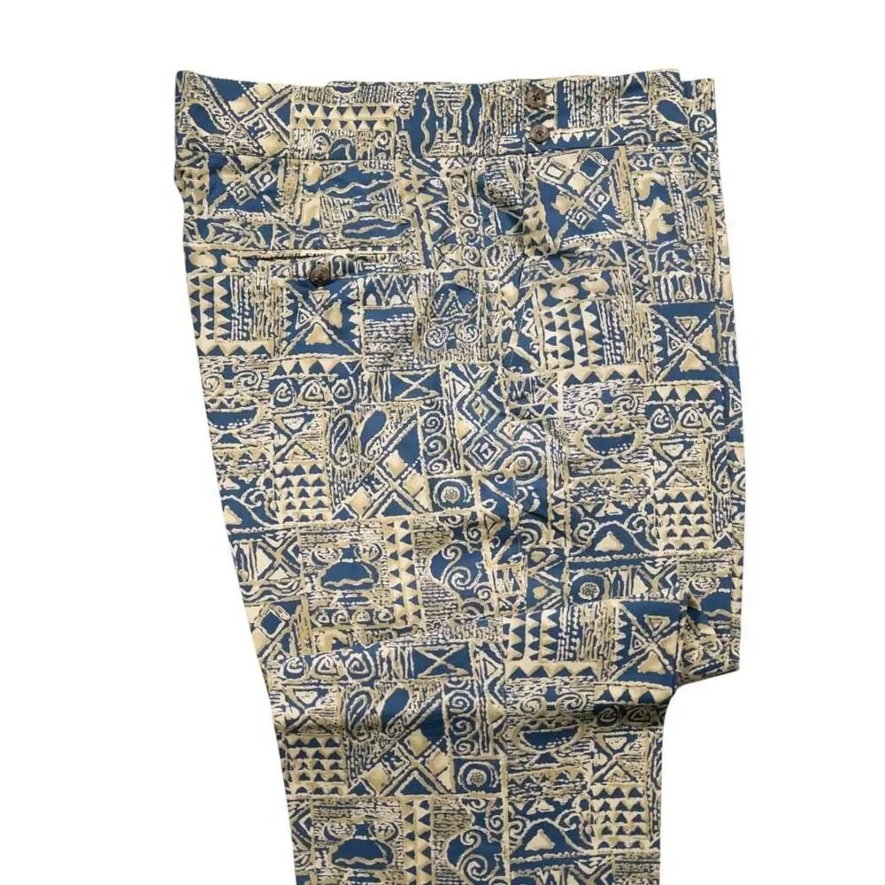 Mens Gurkha Pants 38 Blue Beige Block Print Chino Trousers Flat Front Straight